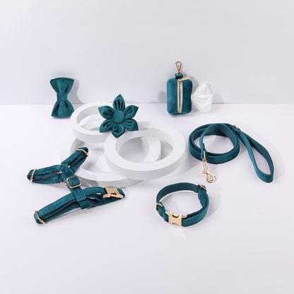 Set 6 Pièces Velours pour Chien — Collier, Laisse, Harnais, Nœud Papillon & Fleur