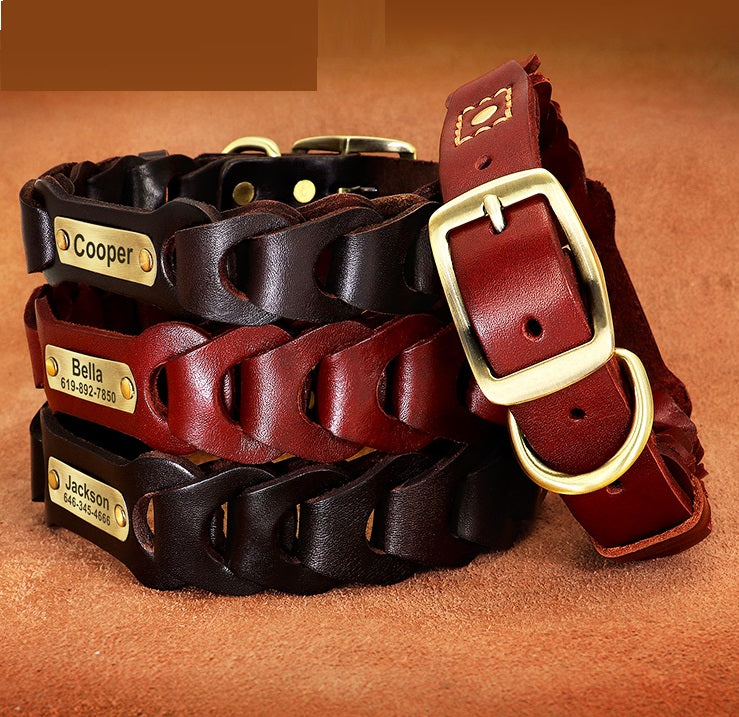 Collier en Cuir Véritable Tressé pour Grand Chien — Boucle Zinc