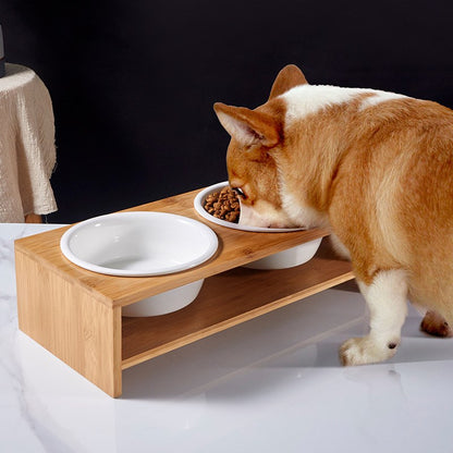 Double Bol en Céramique sur Support Bambou pour Chien