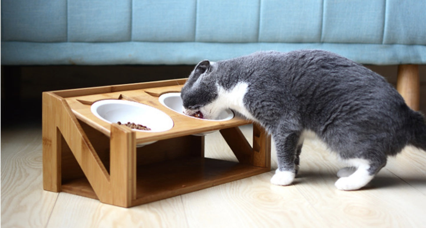 Bol pour Chat avec Support en Bois – Inox ou Blanc