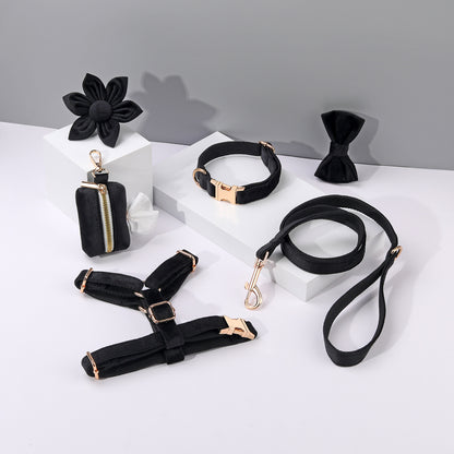Set 6 Pièces Velours pour Chien — Collier, Laisse, Harnais, Nœud Papillon & Fleur