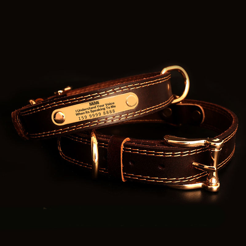 Collier en Cuir Véritable avec Plaque Gravée pour Chien — Personnalisable