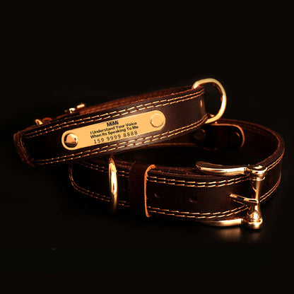 Collier en Cuir Véritable avec Plaque Gravée pour Chien — Personnalisable