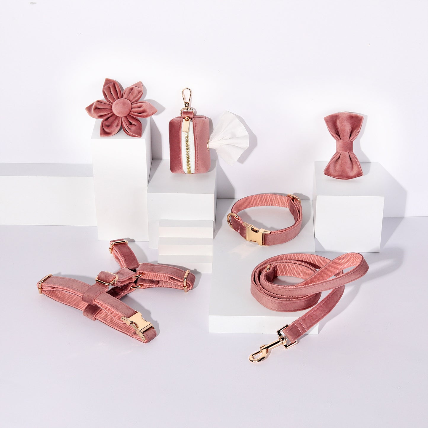 Set 6 Pièces Velours pour Chien — Collier, Laisse, Harnais, Nœud Papillon & Fleur