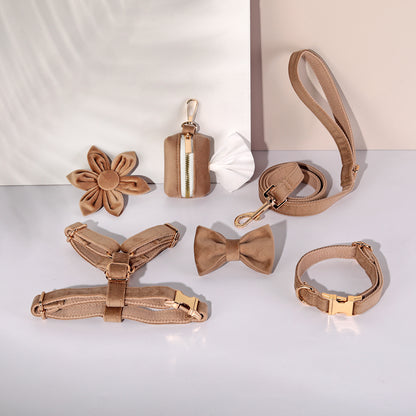 Set 6 Pièces Velours pour Chien — Collier, Laisse, Harnais, Nœud Papillon & Fleur