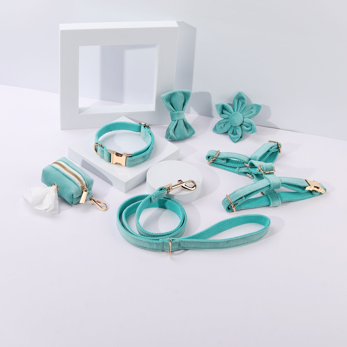 Set 6 Pièces Velours pour Chien — Collier, Laisse, Harnais, Nœud Papillon & Fleur
