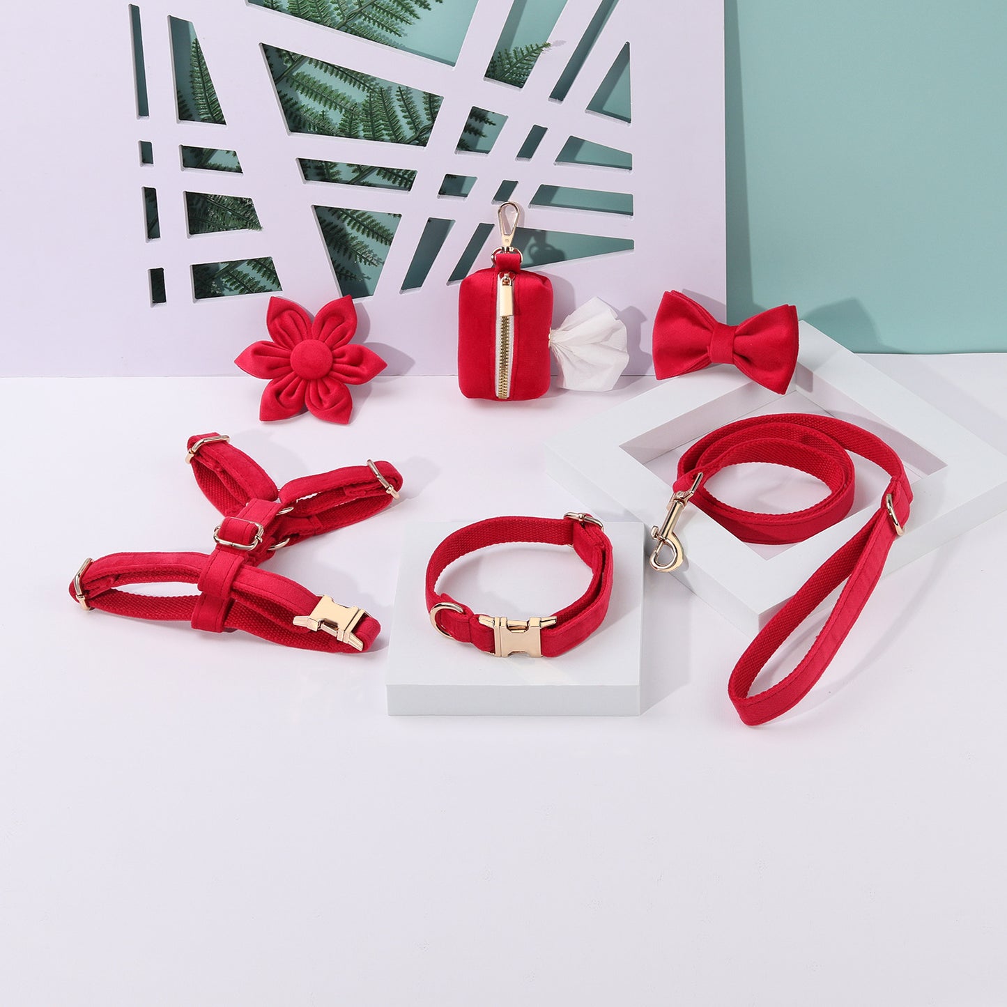 Set 6 Pièces Velours pour Chien — Collier, Laisse, Harnais, Nœud Papillon & Fleur