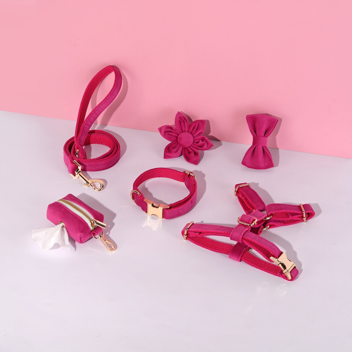 Set 6 Pièces Velours pour Chien — Collier, Laisse, Harnais, Nœud Papillon & Fleur