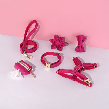 Set 6 Pièces Velours pour Chien — Collier, Laisse, Harnais, Nœud Papillon & Fleur