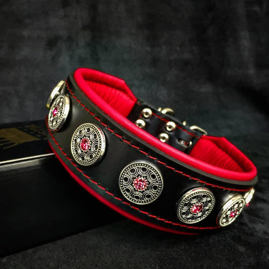 Collier "Bijou" Noir & Rouge — Cuir Clouté pour Chien