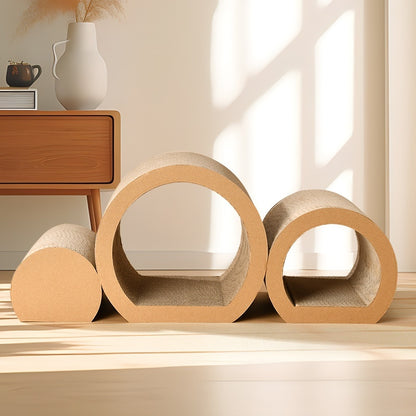 Set 3 Pièces Griffoir Tunnel & Chatière pour Chat – Carton Naturel