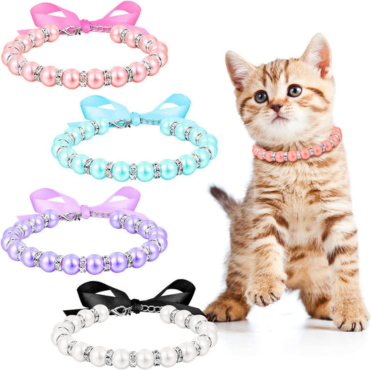 Collier Bijou Perles & Strass pour Chat et Petit Chien — Nœud Ruban