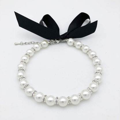 Collier Bijou Perles & Strass pour Chat et Petit Chien — Nœud Ruban